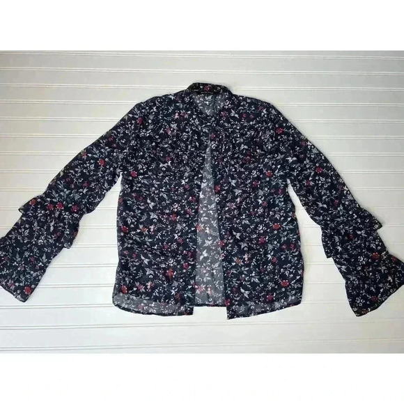 Walter Baker Floral Ruffle Long Sleeve Blouse Sheer Navy Blue Small Women 239 - Picture 1 of 3